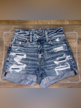 American Eagle Outfitters Women’s Distressed Blue Denim Mom Shorts